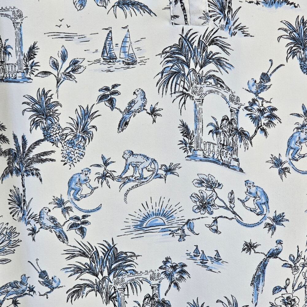 Rose + Olive Coastal Blue White Tropical Toile Flutter Sleeve Tassel Neck Blouse - Picture 5 of 11